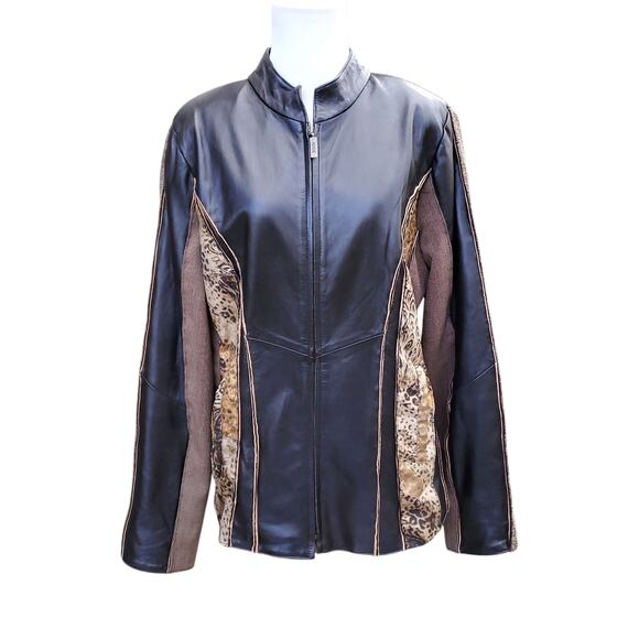 Vintage Koos Of Course! Brown Leather Animal Print Jacket Mixed Media Sz L - Picture 1 of 14